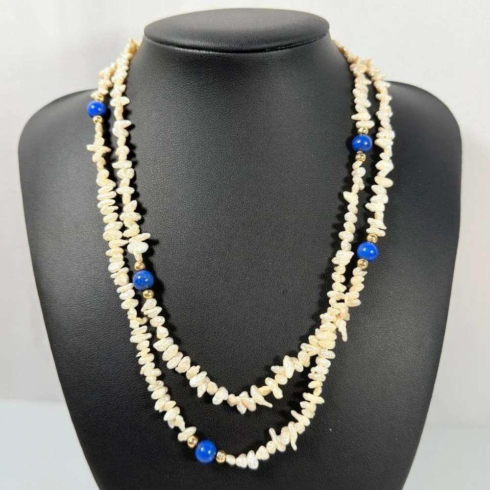 Vintage Rice Pearl Necklace Lapis Lazuli & 14K Gold Accent Beads 35